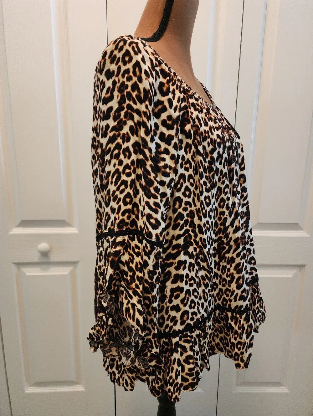 Fever Leopard-Print Flutter Split Bell Sleeves Mob Wife Ruffle Tunic